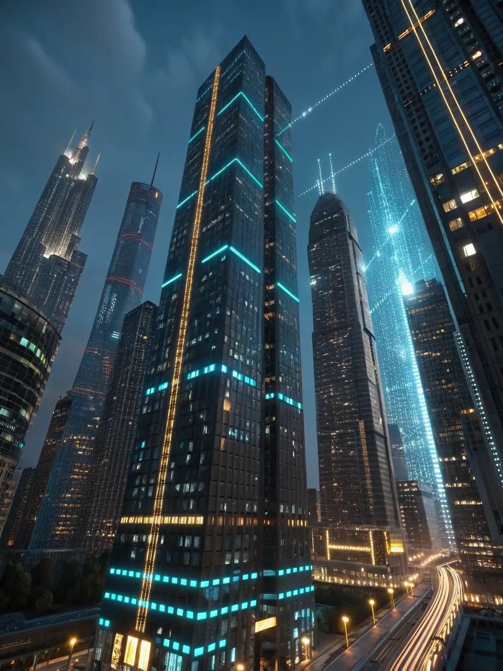 A still from 'Echoes of Tomorrow', showcasing a futuristic cityscape with advanced visual effects, emphasizing the innovative storytelling and visual quality of VisionaryReel's film production.