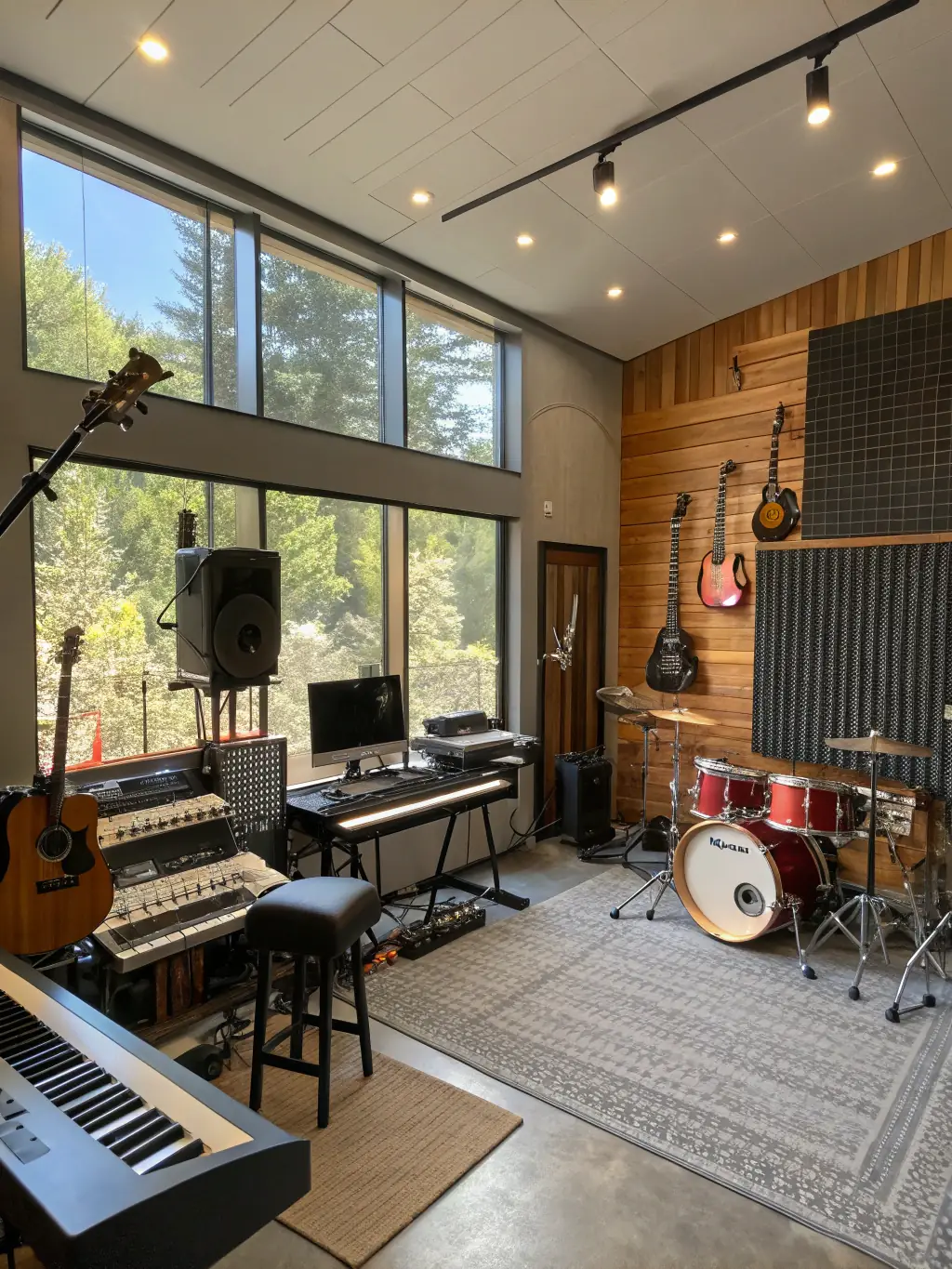 A behind-the-scenes shot of a VisionaryReel music composition session, featuring musicians collaborating and recording in a high-end studio, emphasizing the high-quality audio production.
