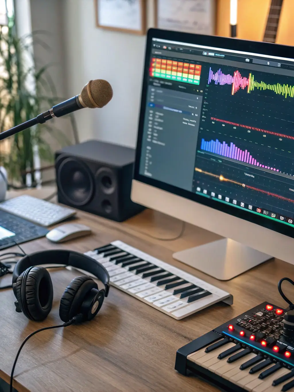 A musician composing a melody in a state-of-the-art music studio, representing VisionaryReel's music composition services.